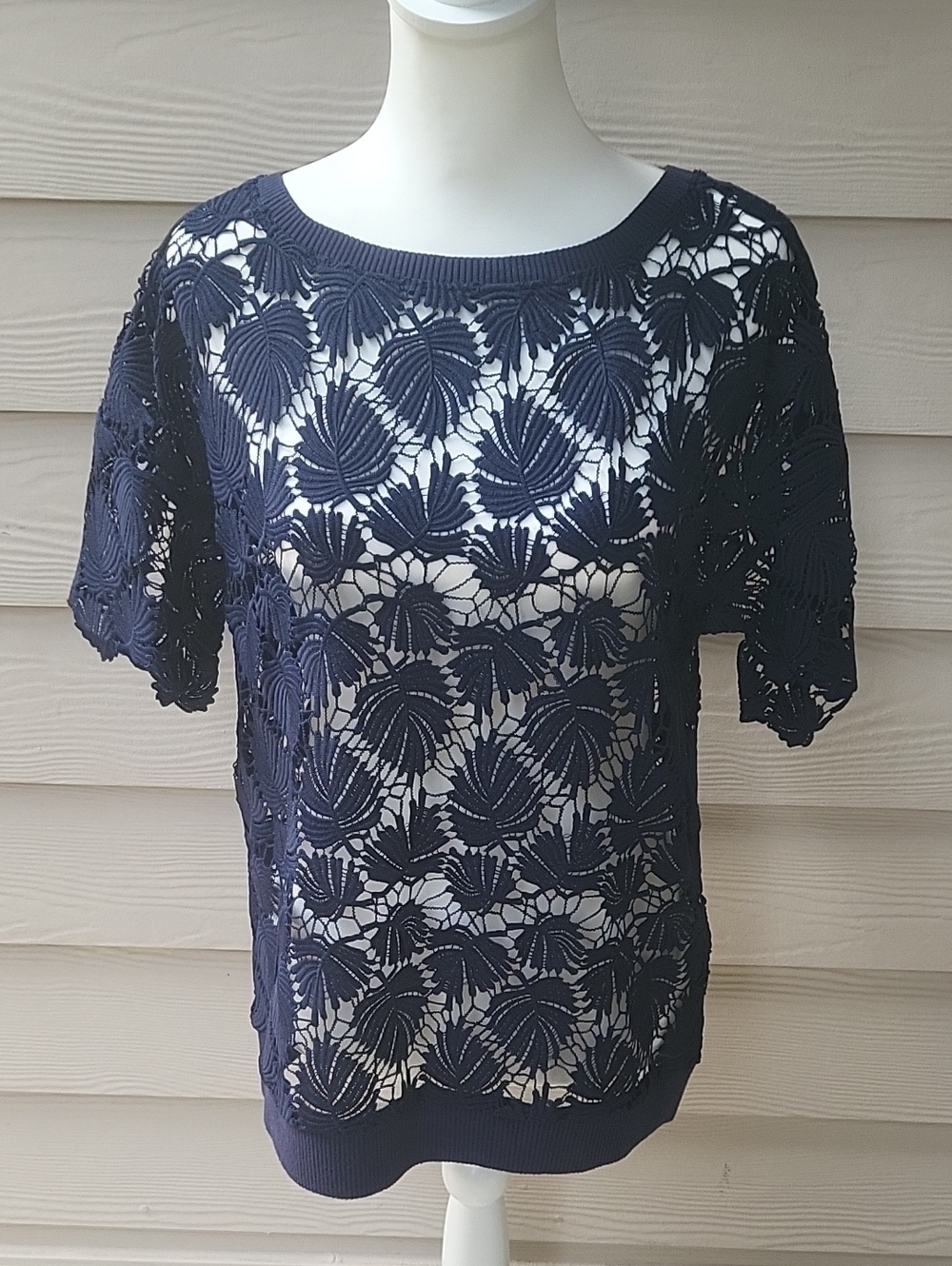 NWT Lilly Pulitzer True Navy Royal Palm Knit Lace Top Short Sleeve Crochet Shirt